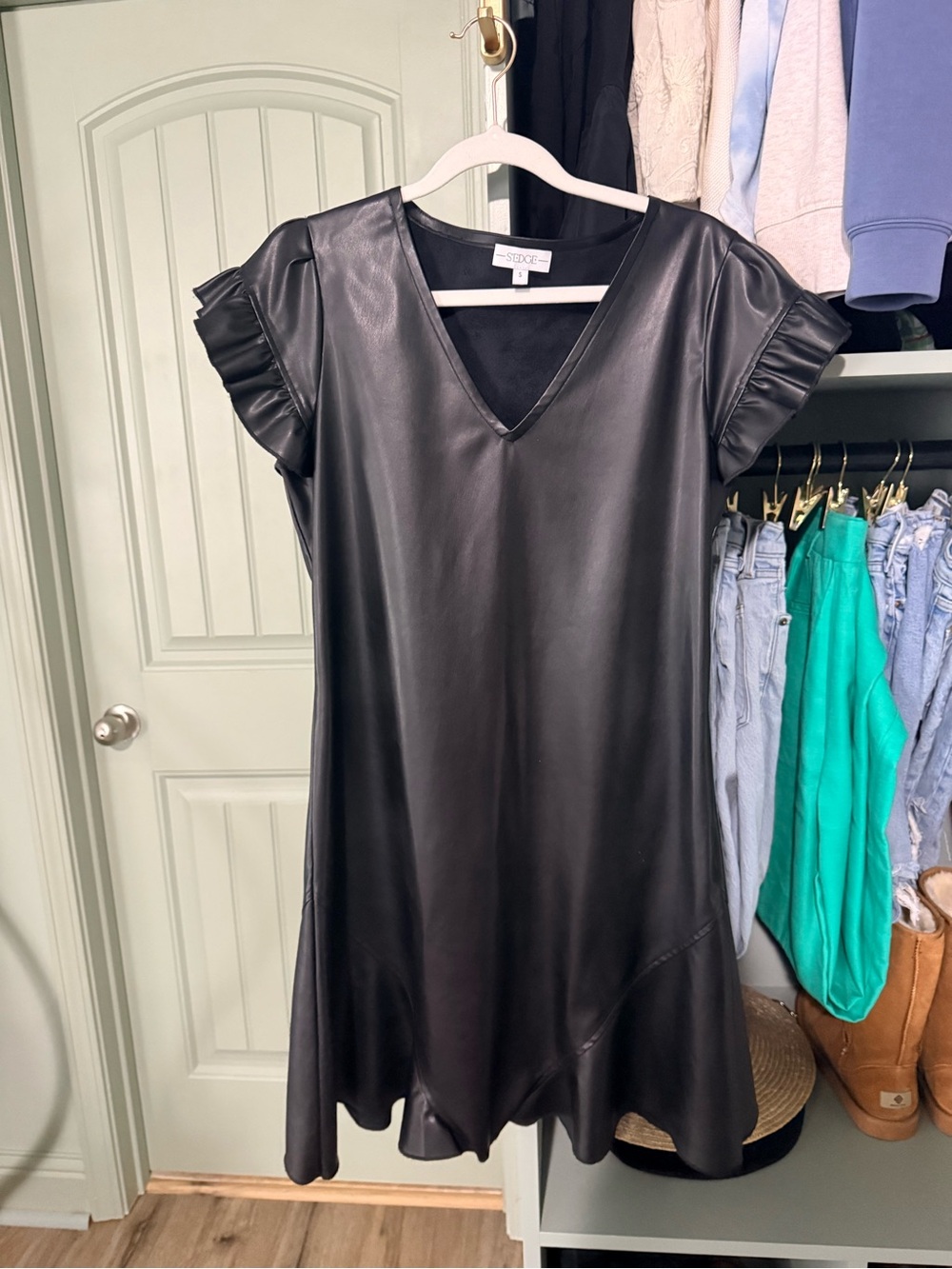 Sedge Faux Leather V-Neck Dress with Ruffle Sleeves - Black